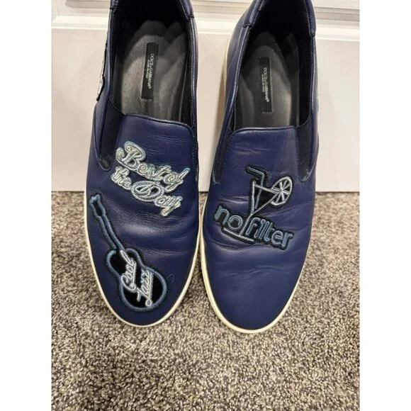 Dolce & Gabbana Men’s London Jazz Patches Slip On Blue Leather Shoes Size 10 - Picture 3 of 10